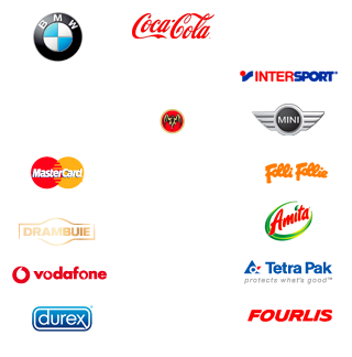 BMW, Mtv, MasterCard, Drambuie, Vodafone, Durex, CocaCola, Adidas, Bacardi, Nestle, Nescafe, Iraklis, Nike, Intersport, Mini, Folli Follie, Amita, TertaPak, Fourlis